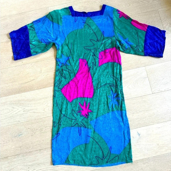 Flora Kung vibrant vivid 80’s/90’s vintage 100% silk dress with tie wrap size S - Picture 2 of 6